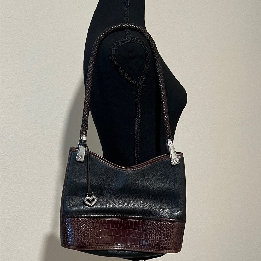 Brighton Black & Brown Leather Croc Embossed Shoulder Bag Braided Strap